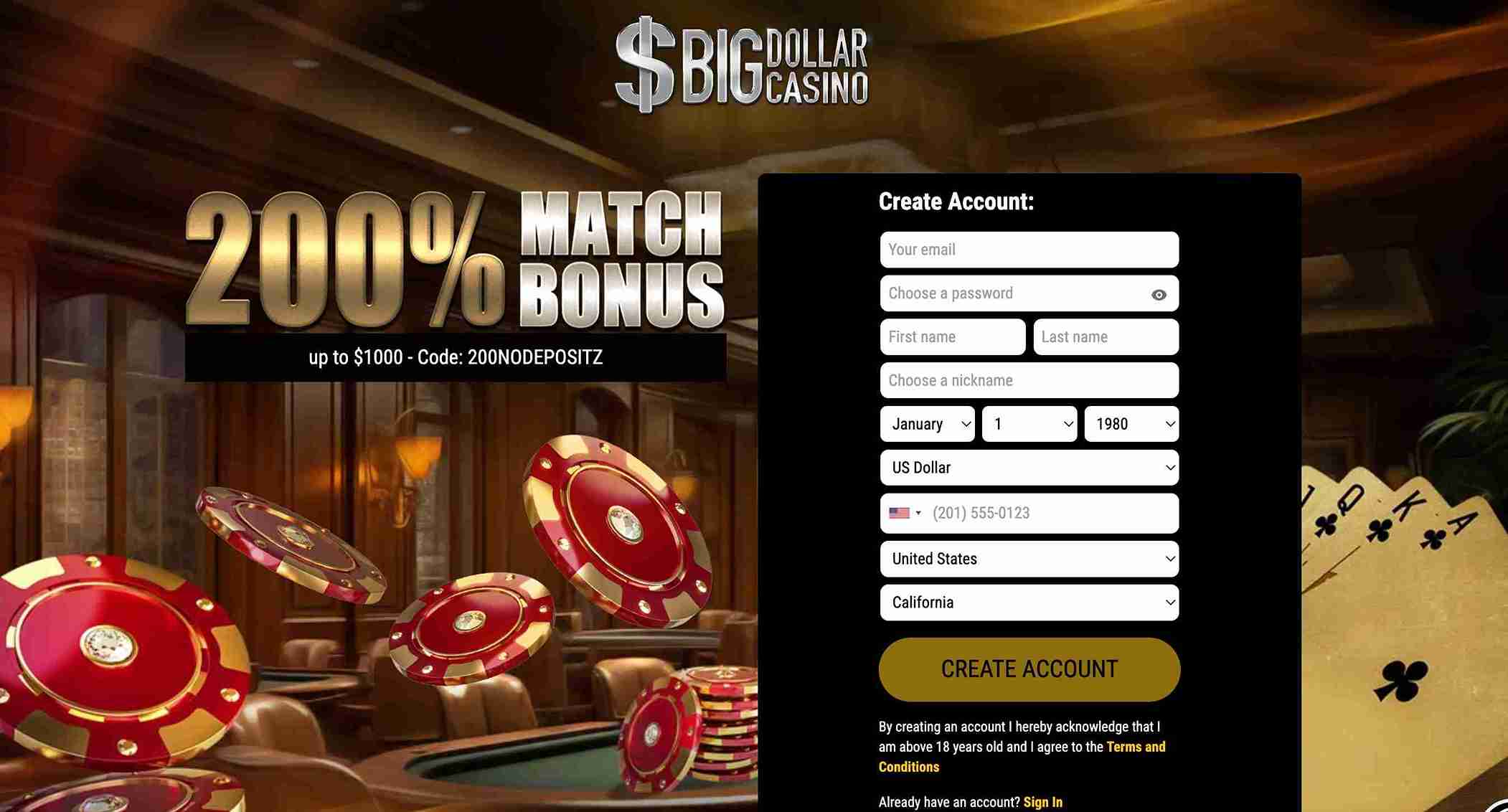 Big Dollar Casino account registration