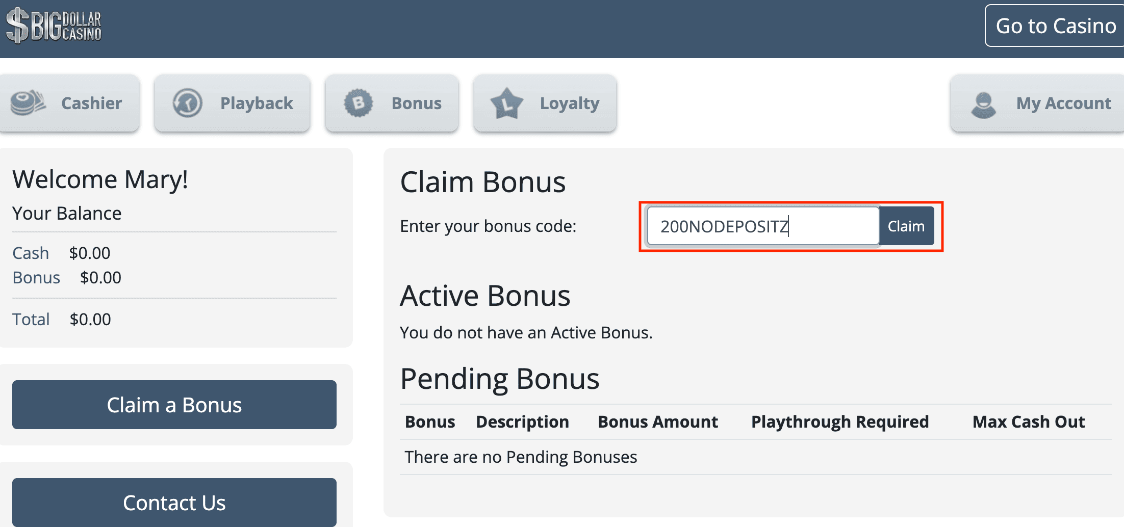 BigDollar Casino Bonus Code