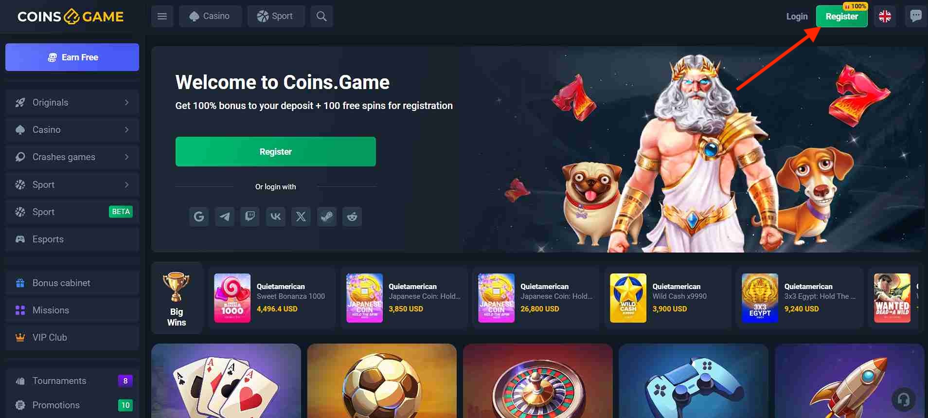 Coins.Game casino Register