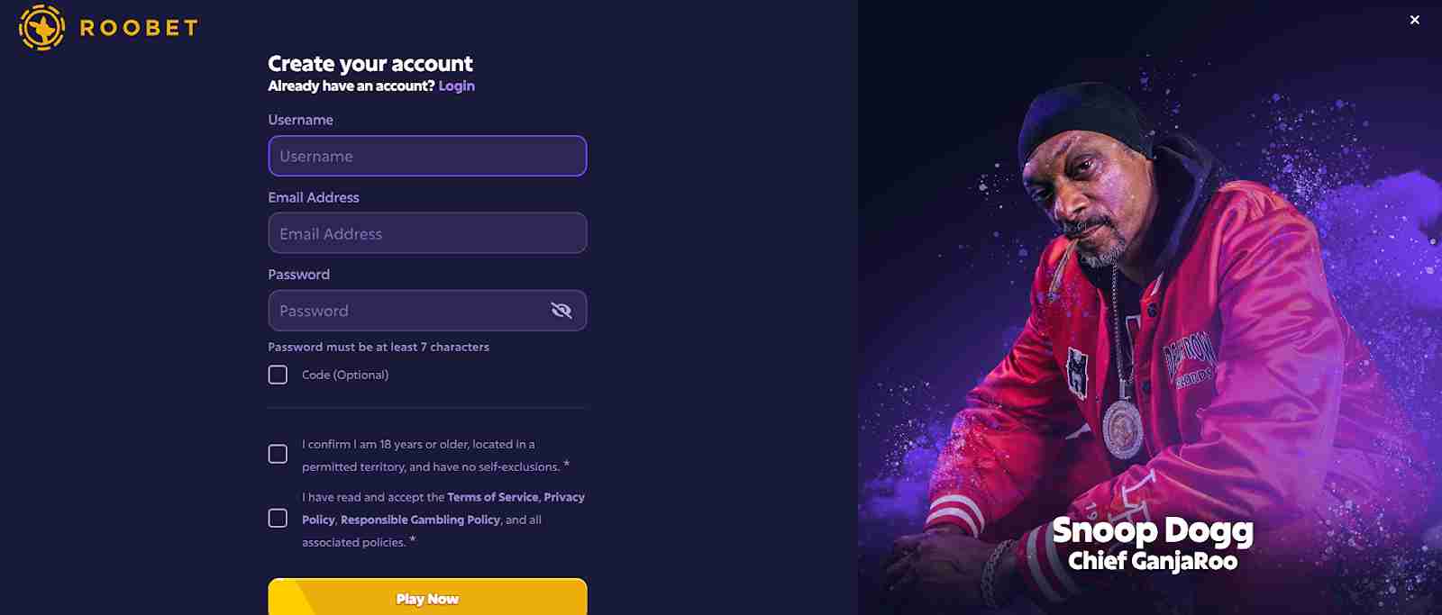 Roobet Create your account