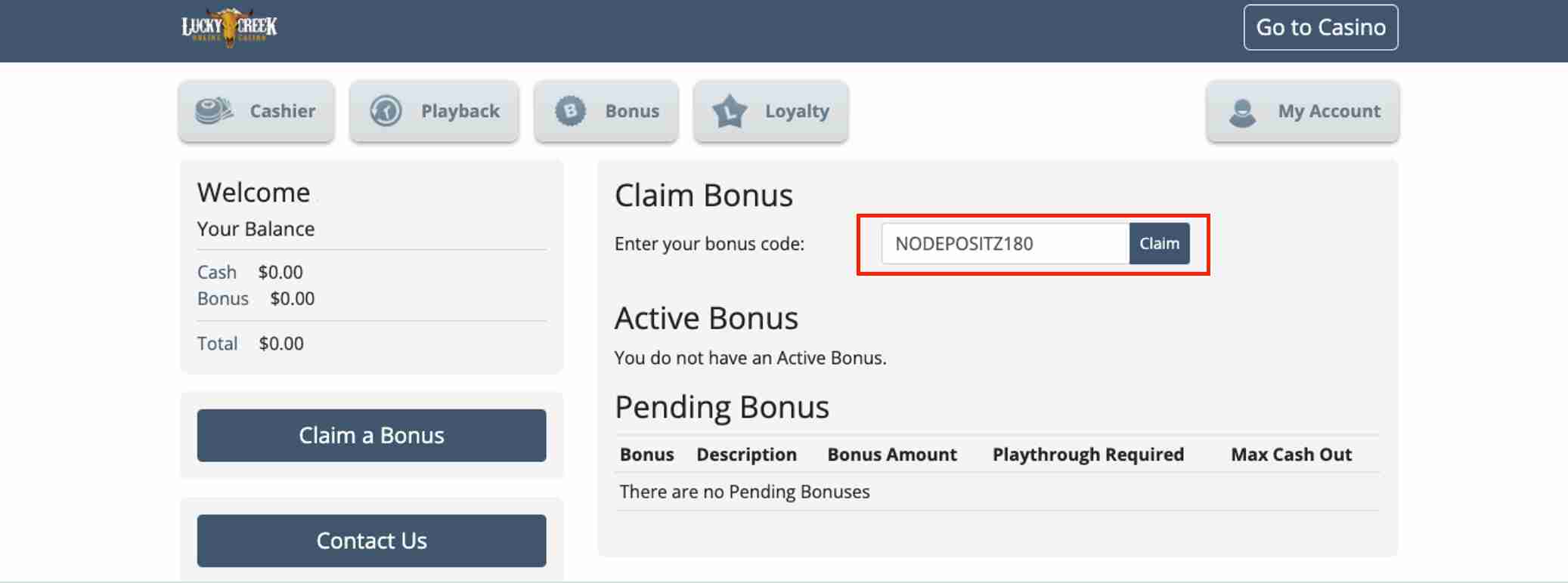 lucky creek casino bonus code