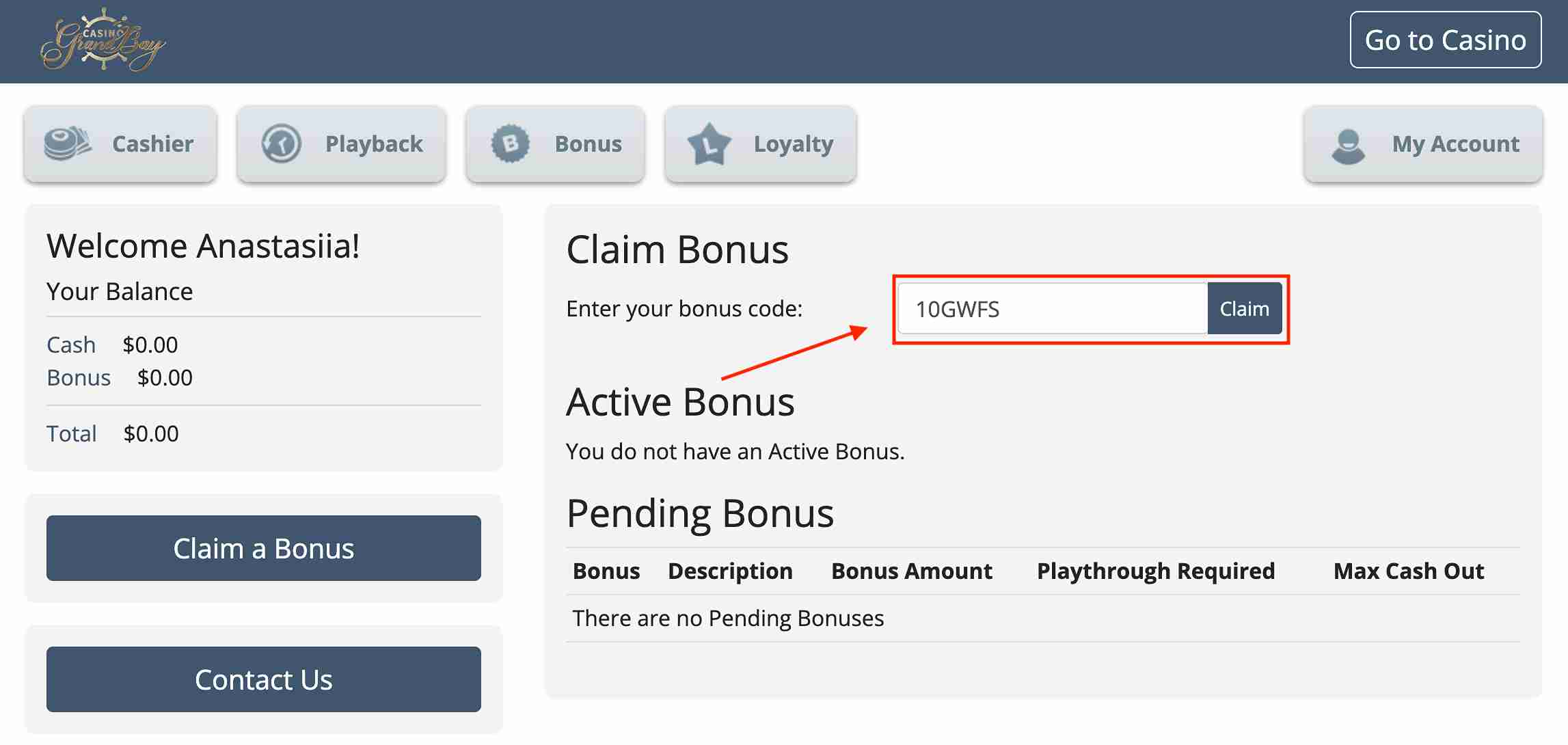 Casino Grand Bay claim bonus code 10GWFS
