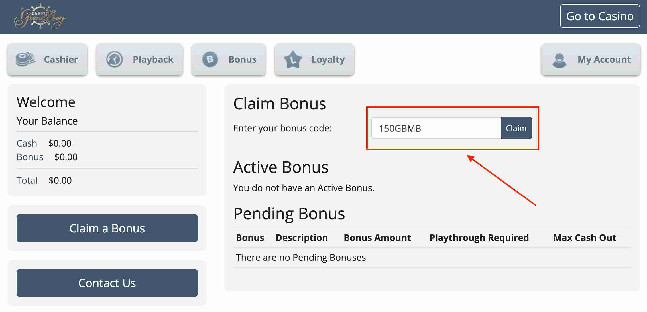 Casino Grand Bay claim bonus code 150GBMB