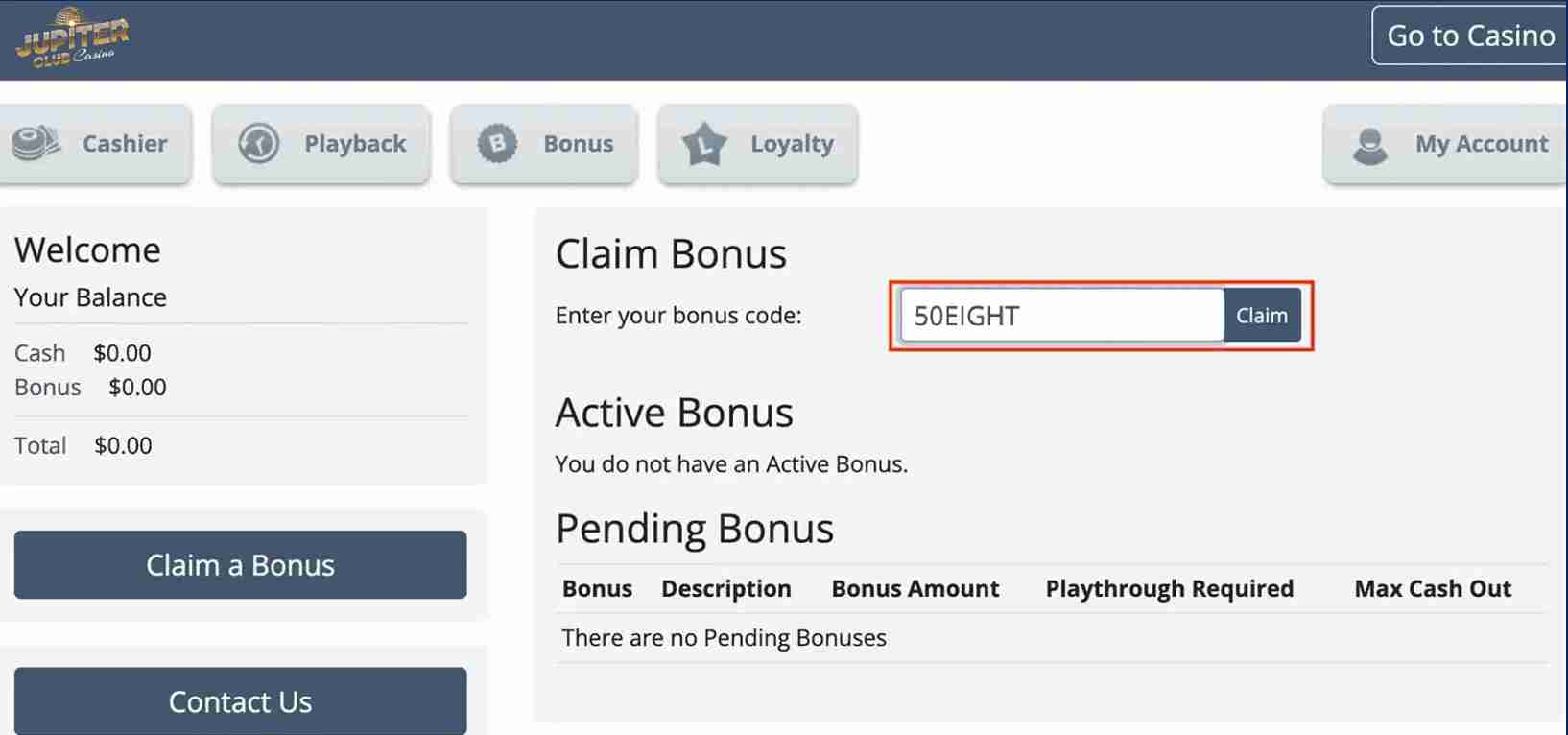 Jupiter Club Casino bonus code 50EIGHT