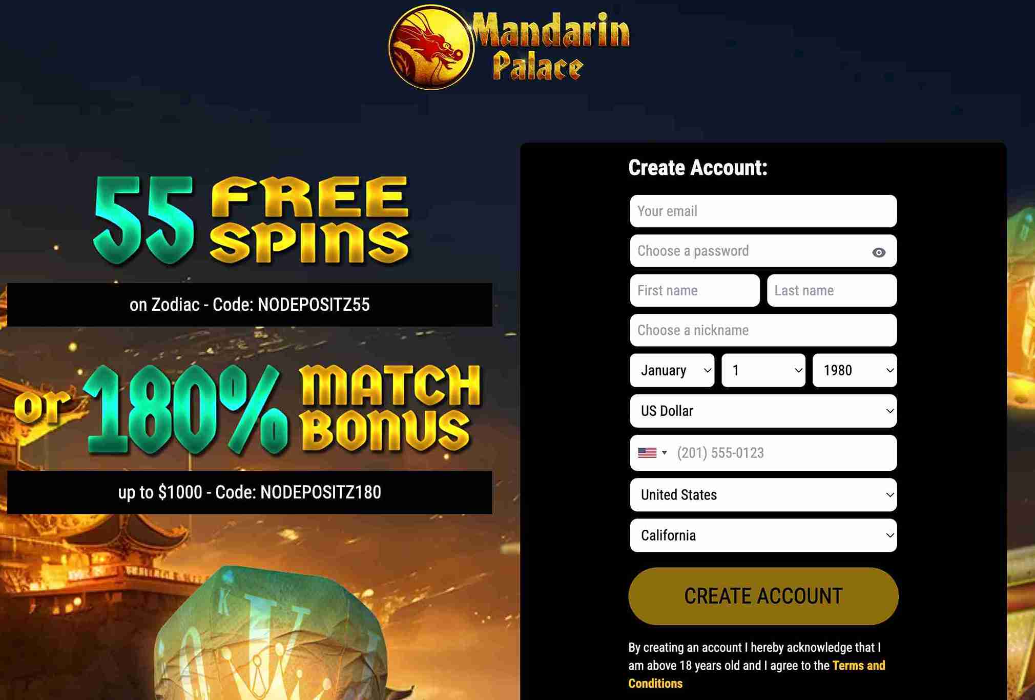 Mandarin Palace Casino Sign up on the website