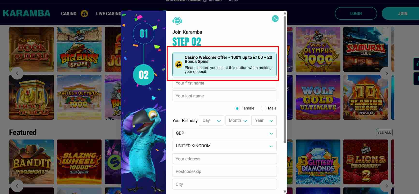 Karamba Casino claim bonus