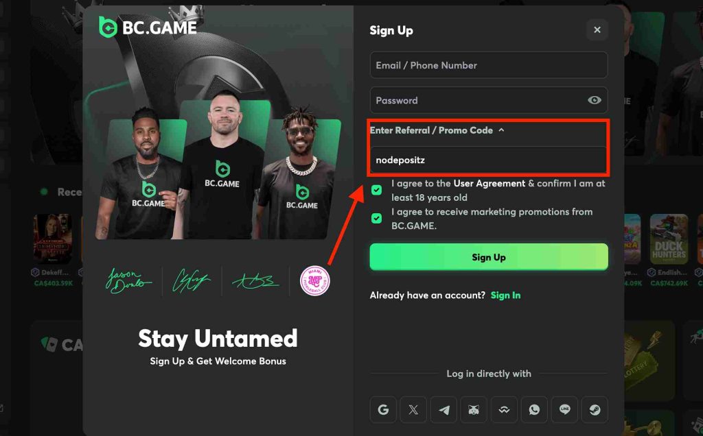 BC.Game Registration Form with Promo Code ‘nodepositz’”