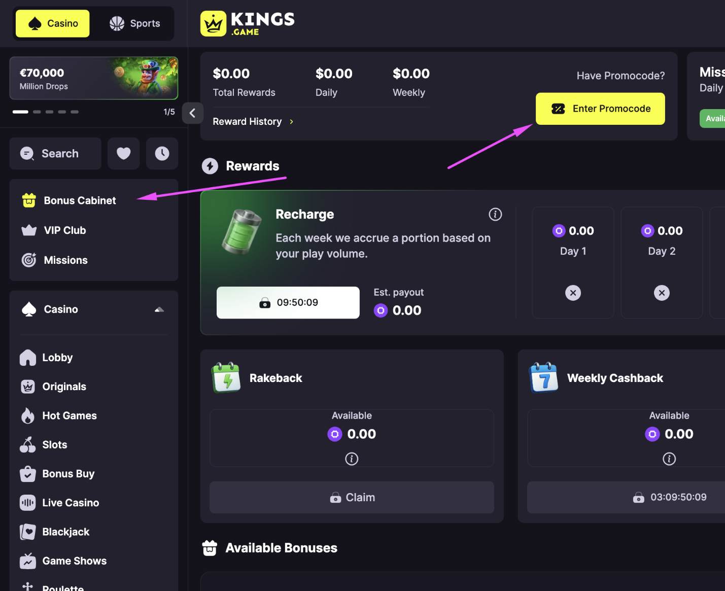 Kings Game bonus cabinet with promo code section
