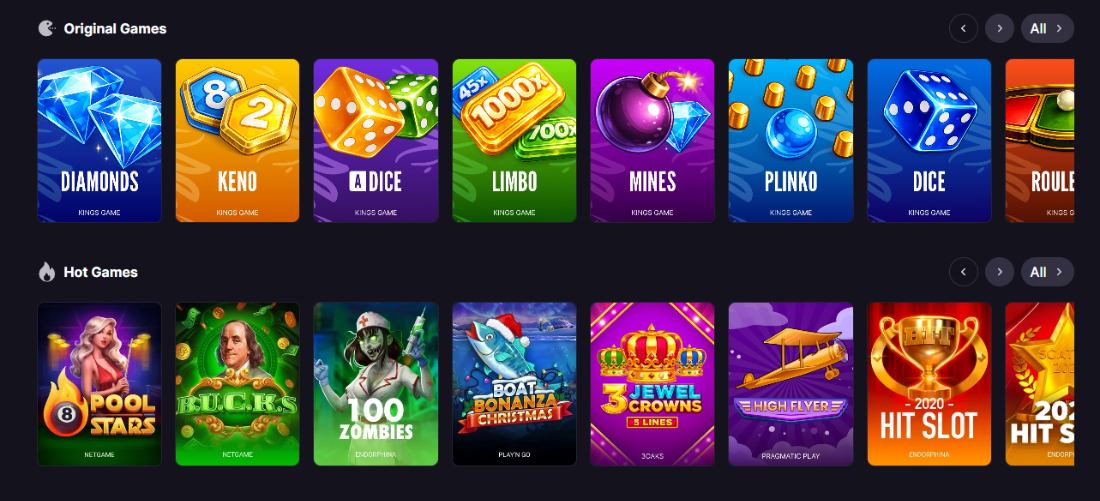 Kings Game casino lobby with original and hot games