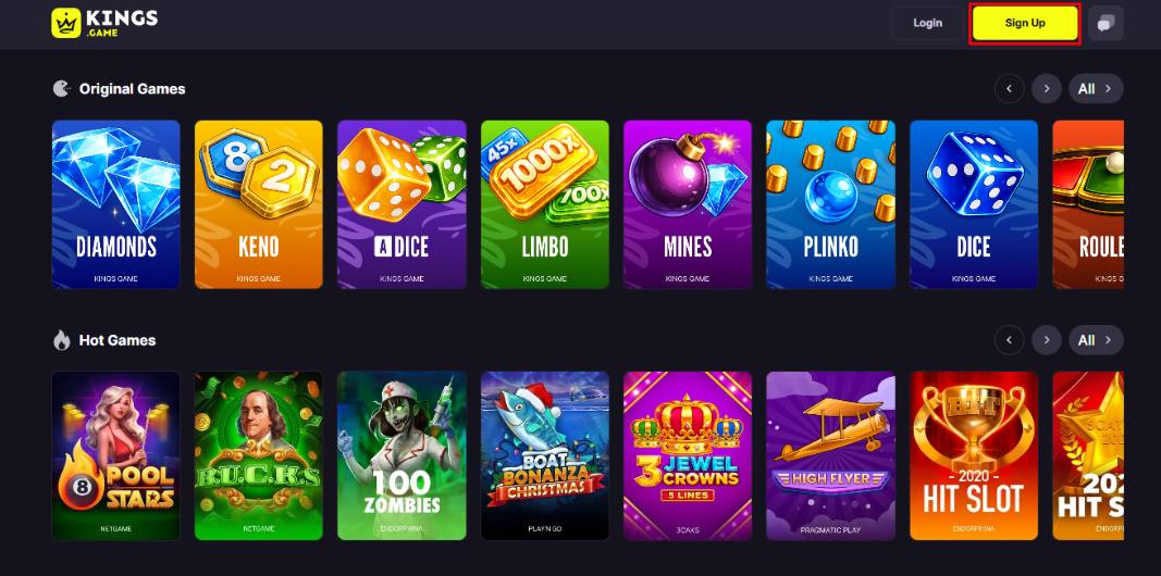 Kings Game homepage with Sign Up button