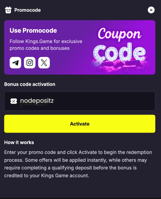 Kings Game promo code activation with nodepositz
