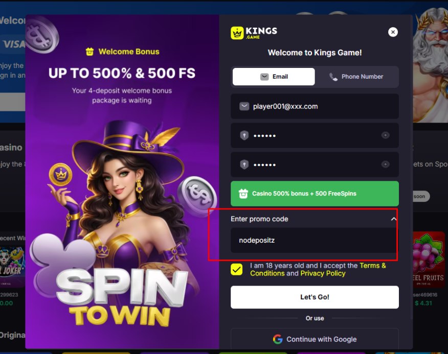 Kings Game registration form with promo code nodepositz