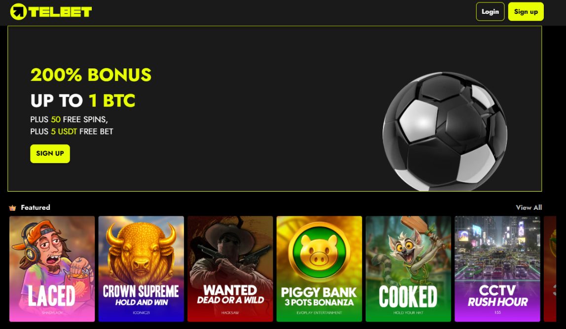 Telbet Casino homepage with 200% bonus banner