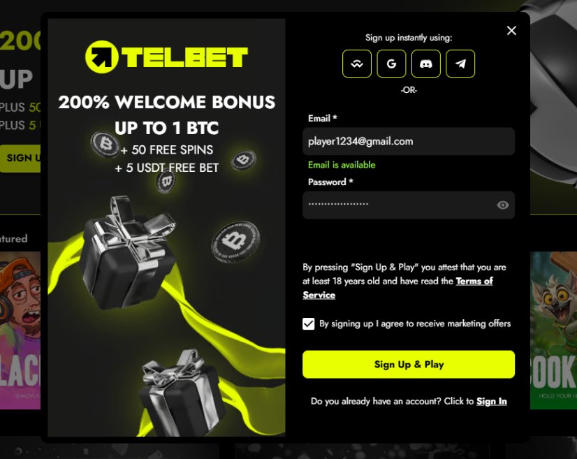 Telbet sign up form with welcome bonus offer